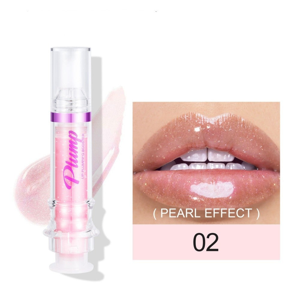 Glossy pink lip color with pearlescent effect in tube