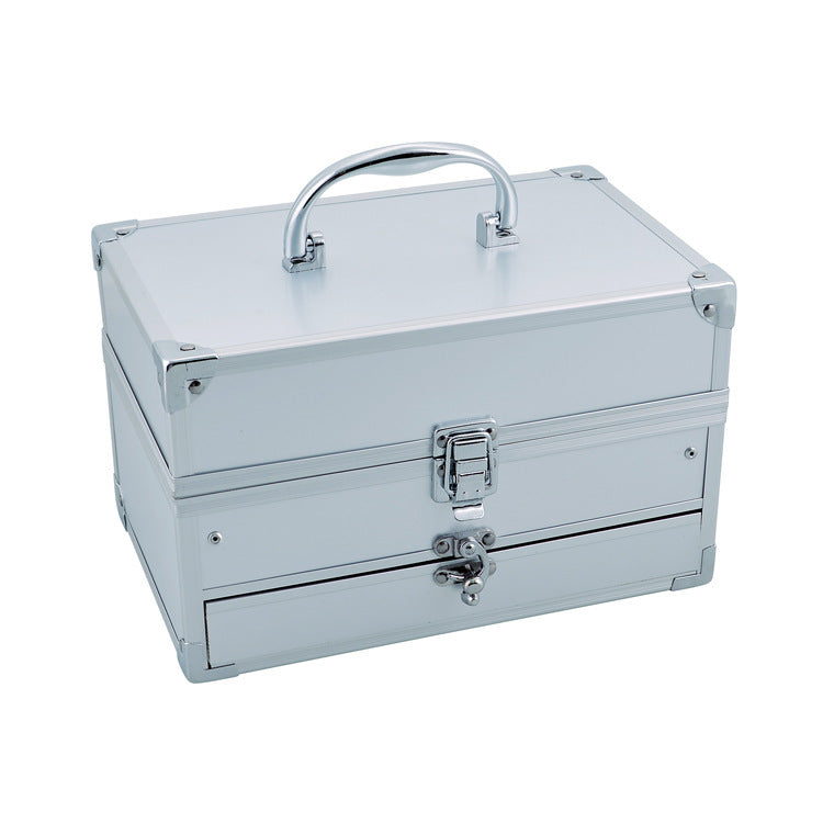 Elegant silver cosmetic organizer box with a handle and lock, perfect for storing and transporting makeup, beauty tools, and accessories.