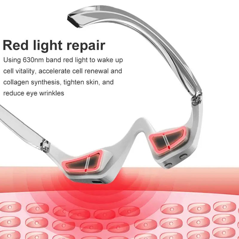 Red light eye massager with 630nm LED technology to revitalize cells, stimulate collagen synthesis, and reduce eye wrinkles.