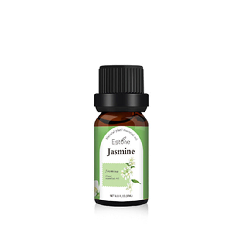 Jasmine essential oil in a glass bottle with a green and white label displayed against a white background.