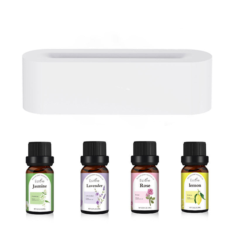 Flame Aroma Diffuser with Essential Oils: Sleek white diffuser, lavender, rose, jasmine, and lemon essential oil bottles on display.