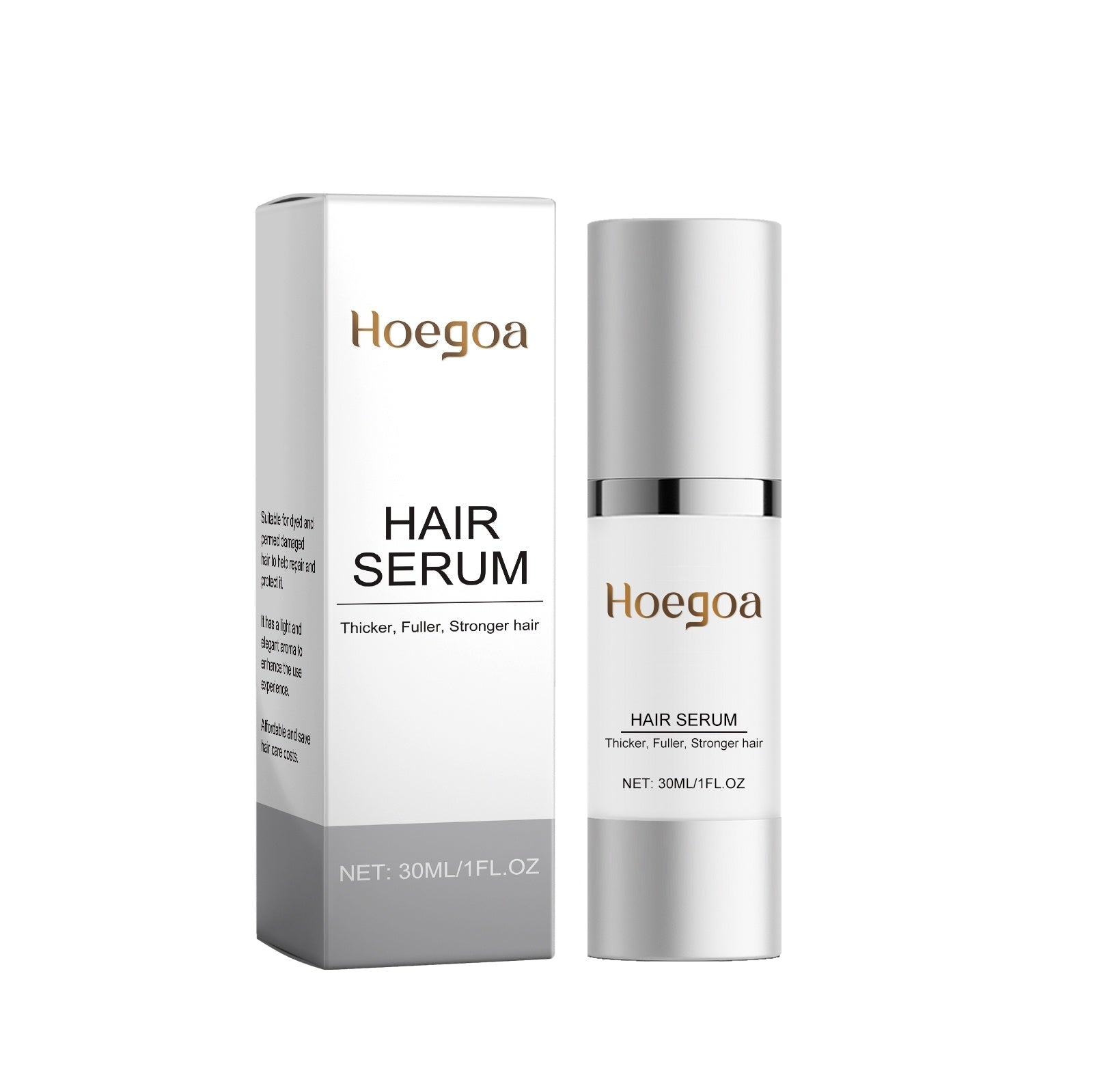 Silver bottle of Hoegoa hair serum with product details in the image.