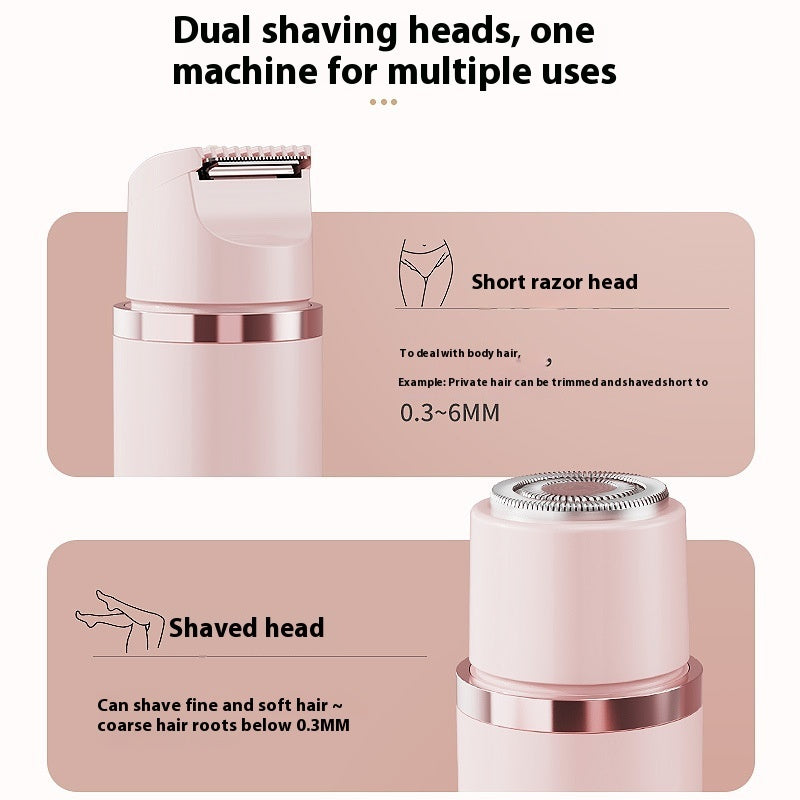 Dual-head electric shaver and epilator device for painless bikini hair removal, with short razor head and shaved head features for versatile grooming needs.