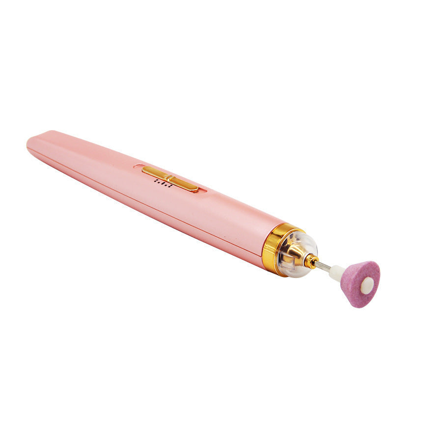 Cordless electric nail drill in pink color with gold accents, positioned in the center of the image against a plain white background.