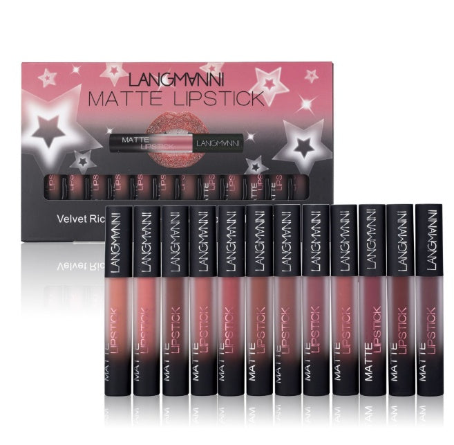 12 matte lipstick tubes in assorted pink and burgundy shades arranged in a row on a pink and gray background with star illustrations.