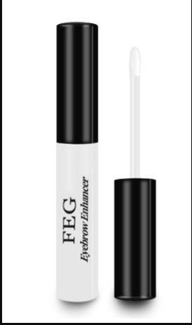 FEG Eyelash Enhancer: Black and white cosmetic container with product name on label, placed on white background.