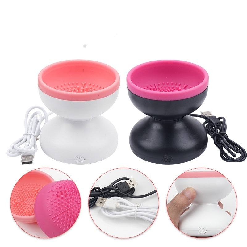 Electric Makeup Brush Cleaner Machine Portable Automatic USB Cosmetic Brush Cleaner. Dual-colored bowls with cleaning bristle surfaces, USB cable for power.