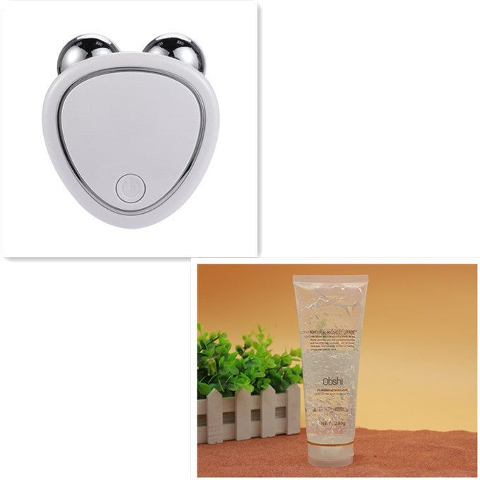 Portable facial micro-current beauty instrument with double roller massager for lifting, thinning, and reducing edema, showcased alongside a tube of skin care product on a natural background.