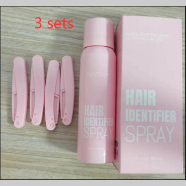 Three sets of pink hair identifying spray and device for face shaving and moisturizing.