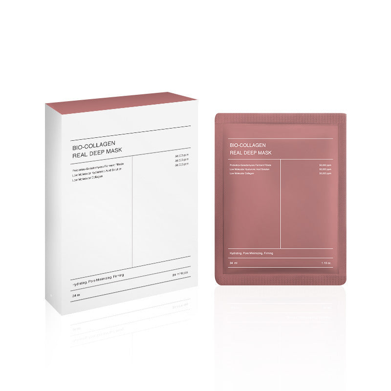 Collagen-infused facial mask in pink packaging, designed to nourish and brighten the skin with its hydrating and firming properties.