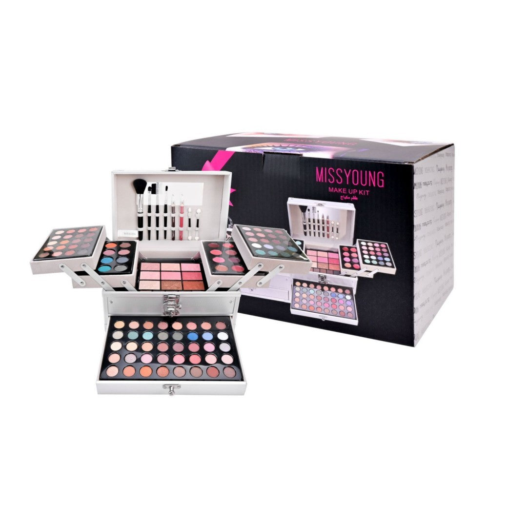 Comprehensive makeup set with eye shadow palette, blush, and various cosmetic accessories displayed in a black and white product image.