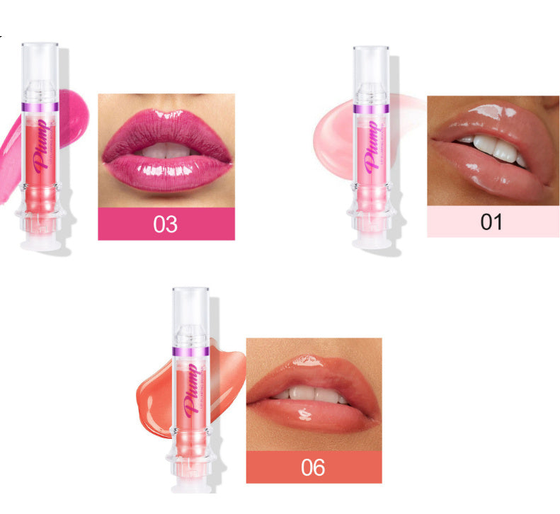 Vibrant lip glosses in pink and orange shades, showcasing the product's rich color and glossy finish on model's lips