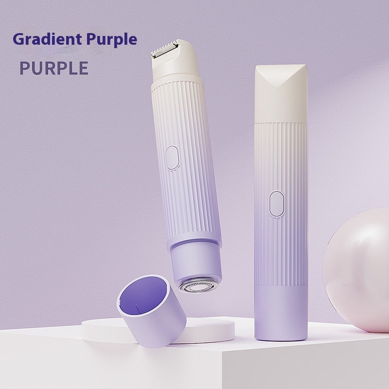 Dual-head electric shaver and epilator for painless bikini hair removal, with sleek white and purple gradient design.