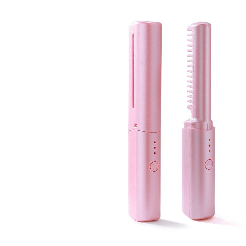 Wireless Hair Straightener and Curler Comb in Elegant Pink