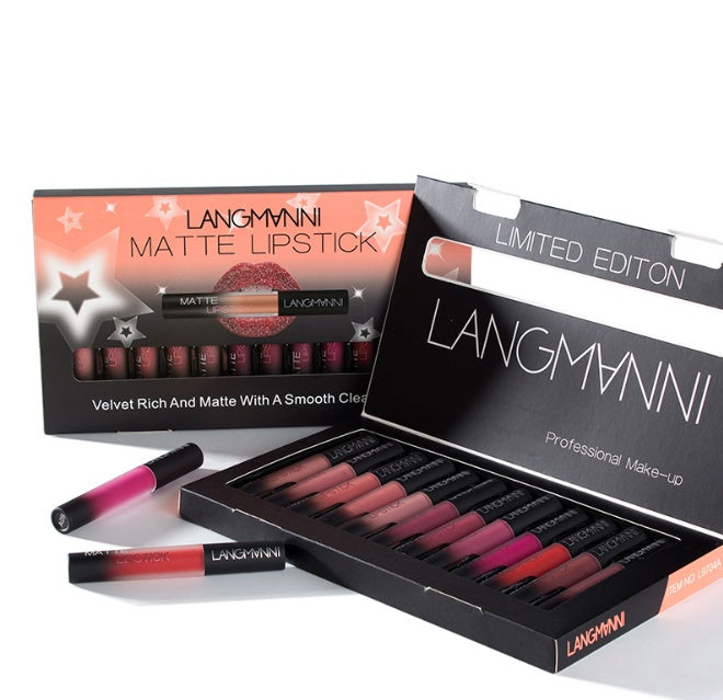 Matte Lipstick Waterproof Long-lasting Velvet Lipstick Set by 6ixDrips cosmetics brand, presented in a limited edition makeup case with lipsticks in various shades.