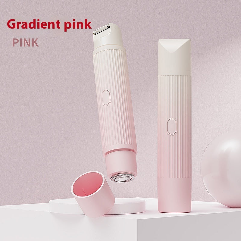 Sleek and modern white electric hair removal device with gradient pink accents, designed for painless bikini hair removal.