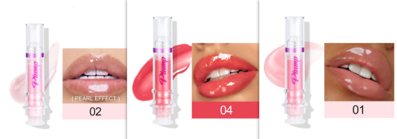 Vibrant lip gloss in three shades: pink, coral, and red. Smooth, glossy texture enhances natural lip color. Infused with nourishing ingredients for hydrated, healthy-looking lips.